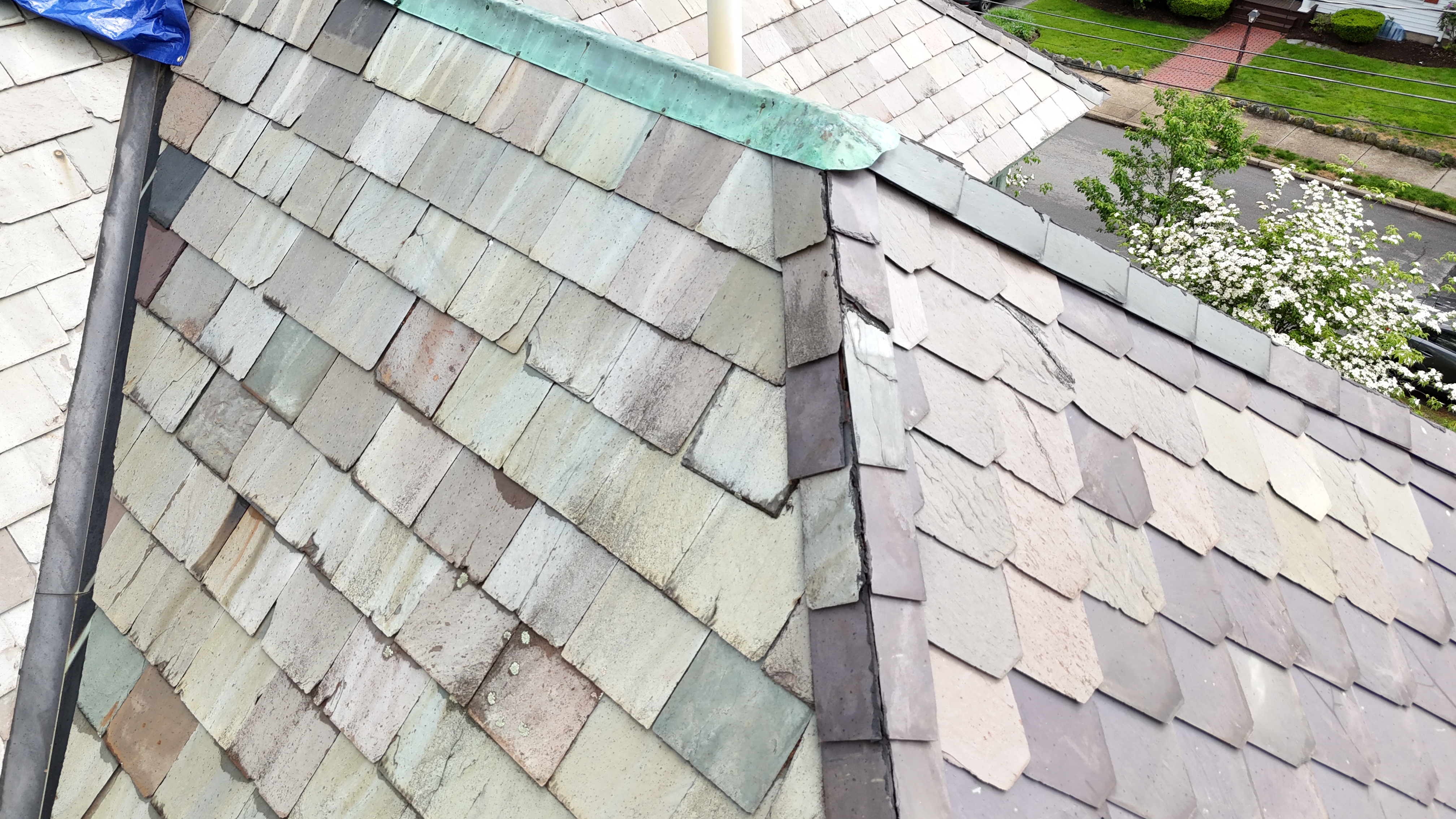 Before Pitched Roof in Cambridge, MA - Slate Roof & Copper Ridge Cap Restoration